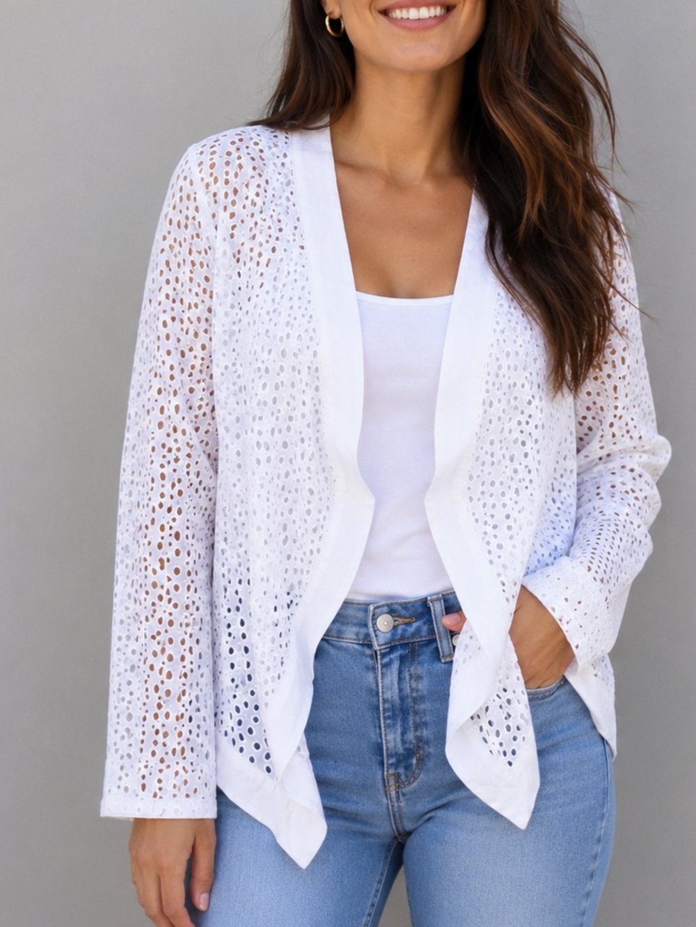 Linen White Eyelet Open Front Cardigan Blend Lightweight Summer Size L